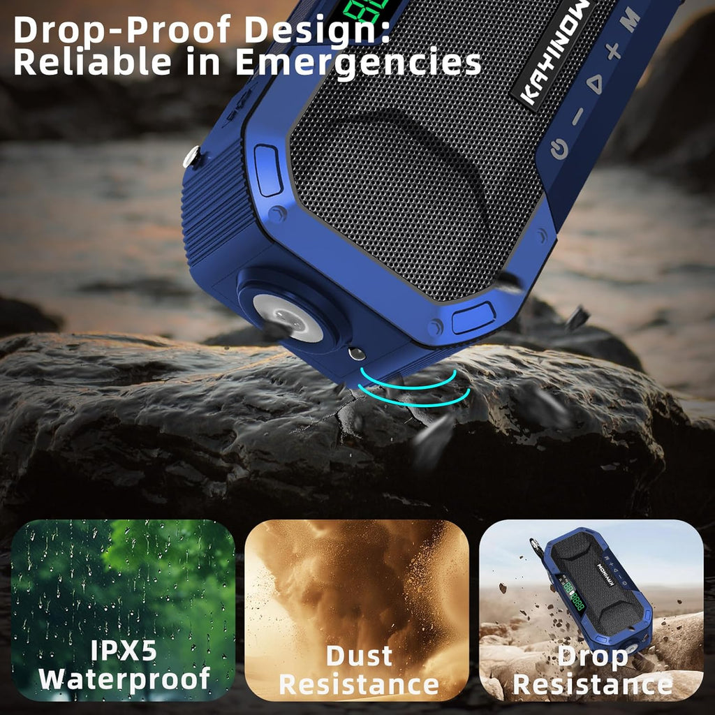 Emergency NOAA Weather Radio, Solar Hand Crank FM AM Radio with Bluetooth Speaker, 5000Mah/18500Mwh Battery Powered, Flashlight, IPX5 Waterproof, SOS Alarm for Survival Hurricane Camping