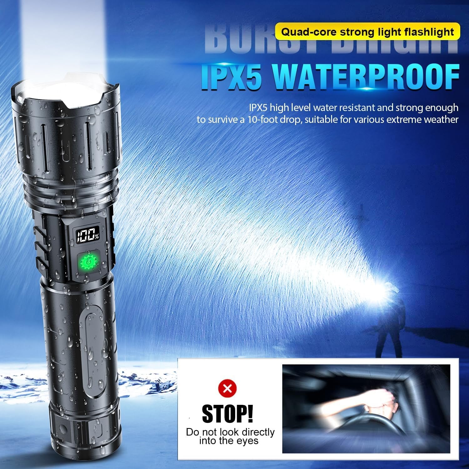 20000 Lumens Rechargeable Flashlight - Waterproof - 20H Runtime
