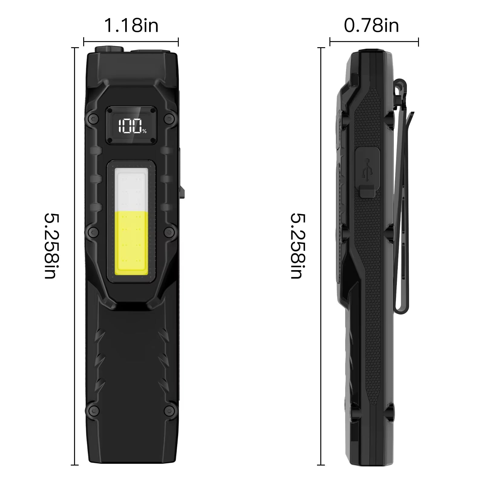 USB-C Rechargeable Tactical Flashlight 1500 Lumens Slim Flat Shape Torch with Spotlight Floodlight Strobe Modes Digital Display