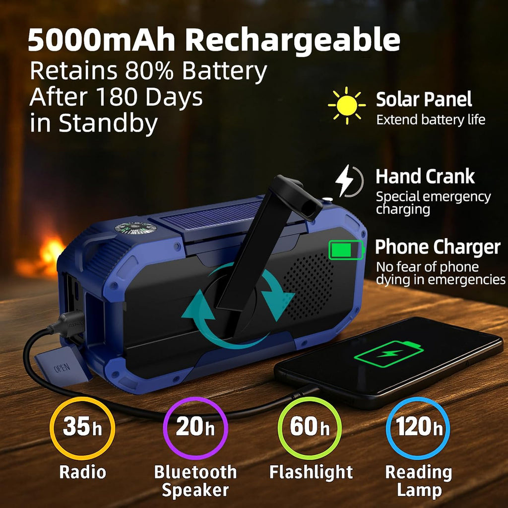 Emergency NOAA Weather Radio, Solar Hand Crank FM AM Radio with Bluetooth Speaker, 5000Mah/18500Mwh Battery Powered, Flashlight, IPX5 Waterproof, SOS Alarm for Survival Hurricane Camping