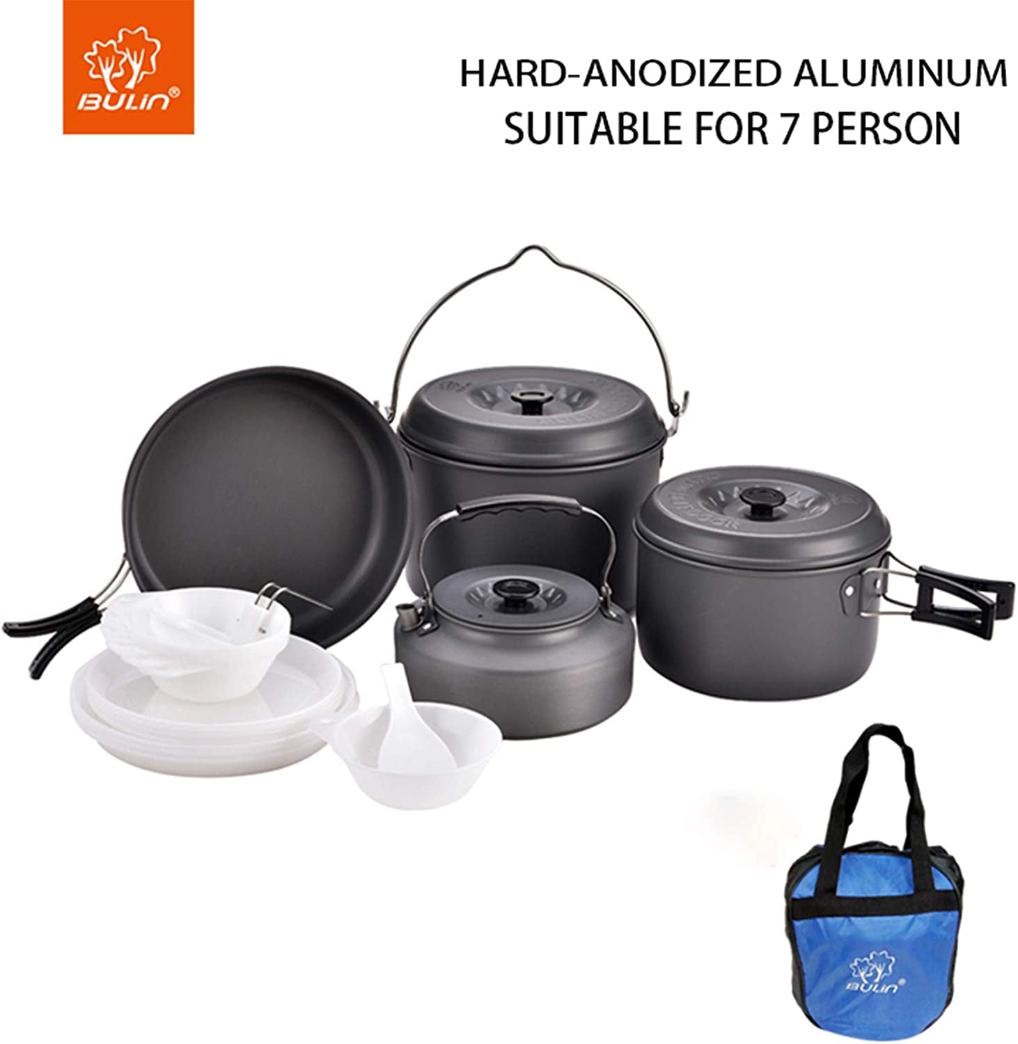 13Pcs Camping Cookware Mess Kit, Nonstick Backpacking Cooking Set, Outdoor Cook Gear for Family Hiking, Picnic Lightweight Cookware Sets(Kettle, Pots, Frying Pan, Bpa-Free Bowls, Plates, Spoon)