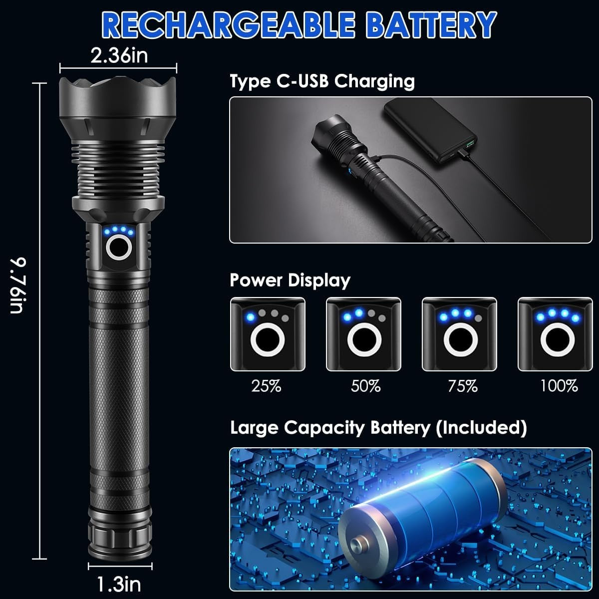 Flashlights High Lumen Rechargeable, Heavy Duty Rechargeable X92-Pro, Black