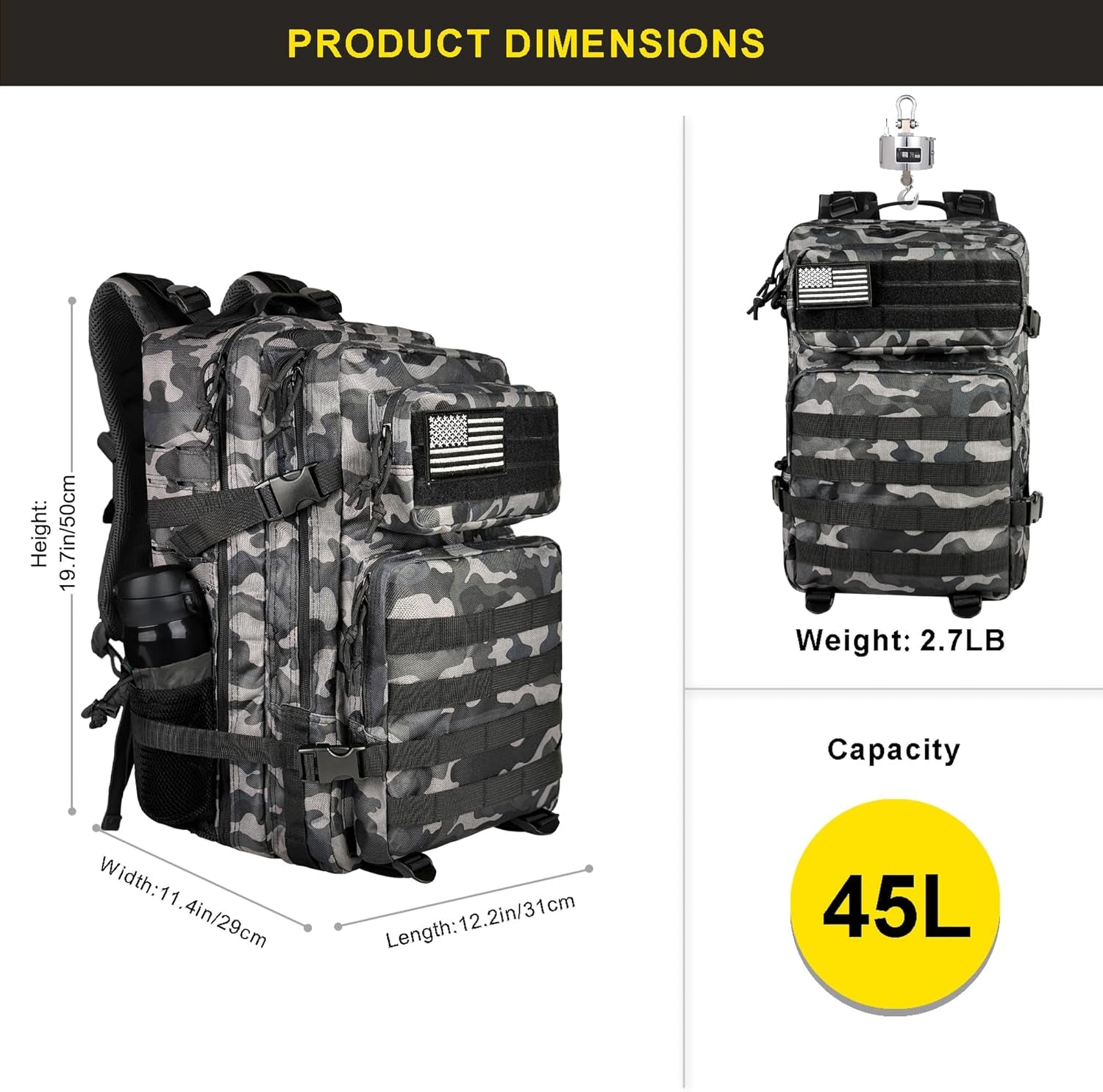 45L Military Tactical Backpack, Army 3-Day Assault Pack Bug Out Bag for Hiking Camping | Army, Bag, Large Rucksack, with Molle System