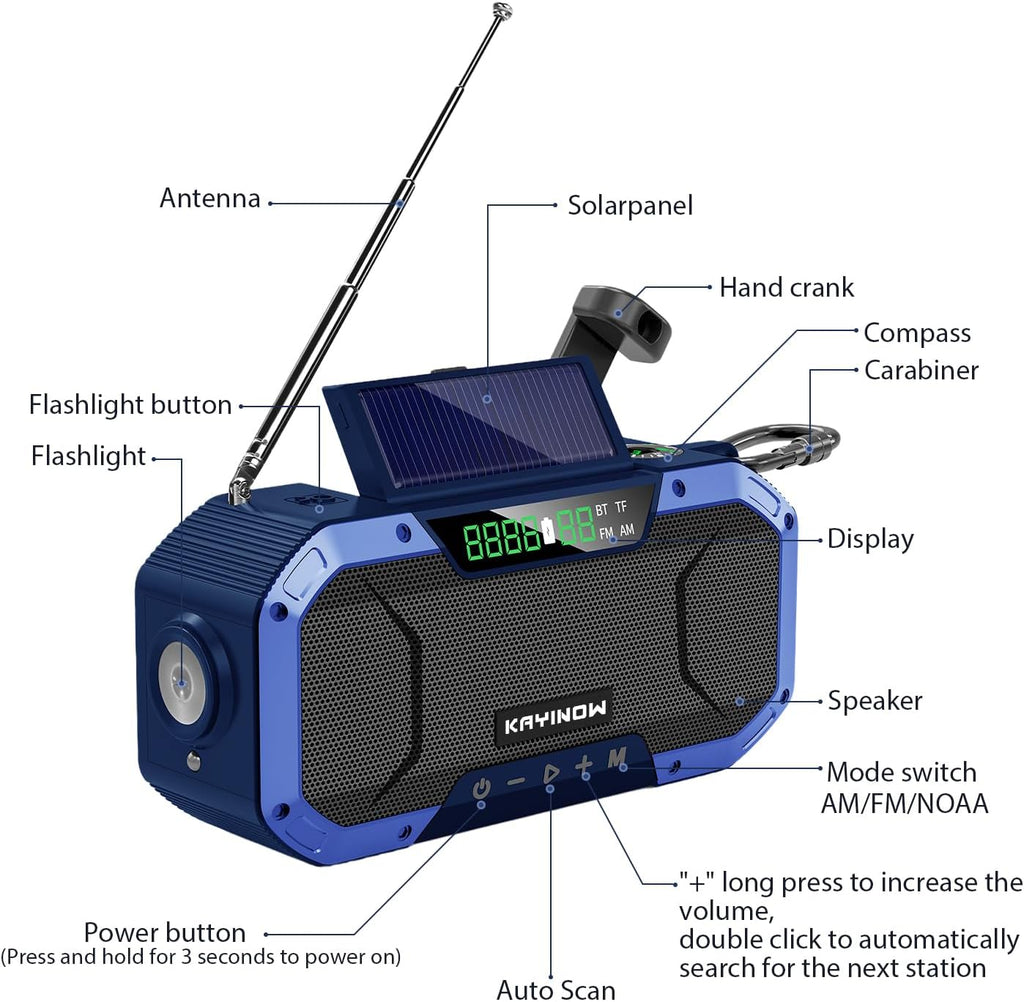 Emergency NOAA Weather Radio, Solar Hand Crank FM AM Radio with Bluetooth Speaker, 5000Mah/18500Mwh Battery Powered, Flashlight, IPX5 Waterproof, SOS Alarm for Survival Hurricane Camping