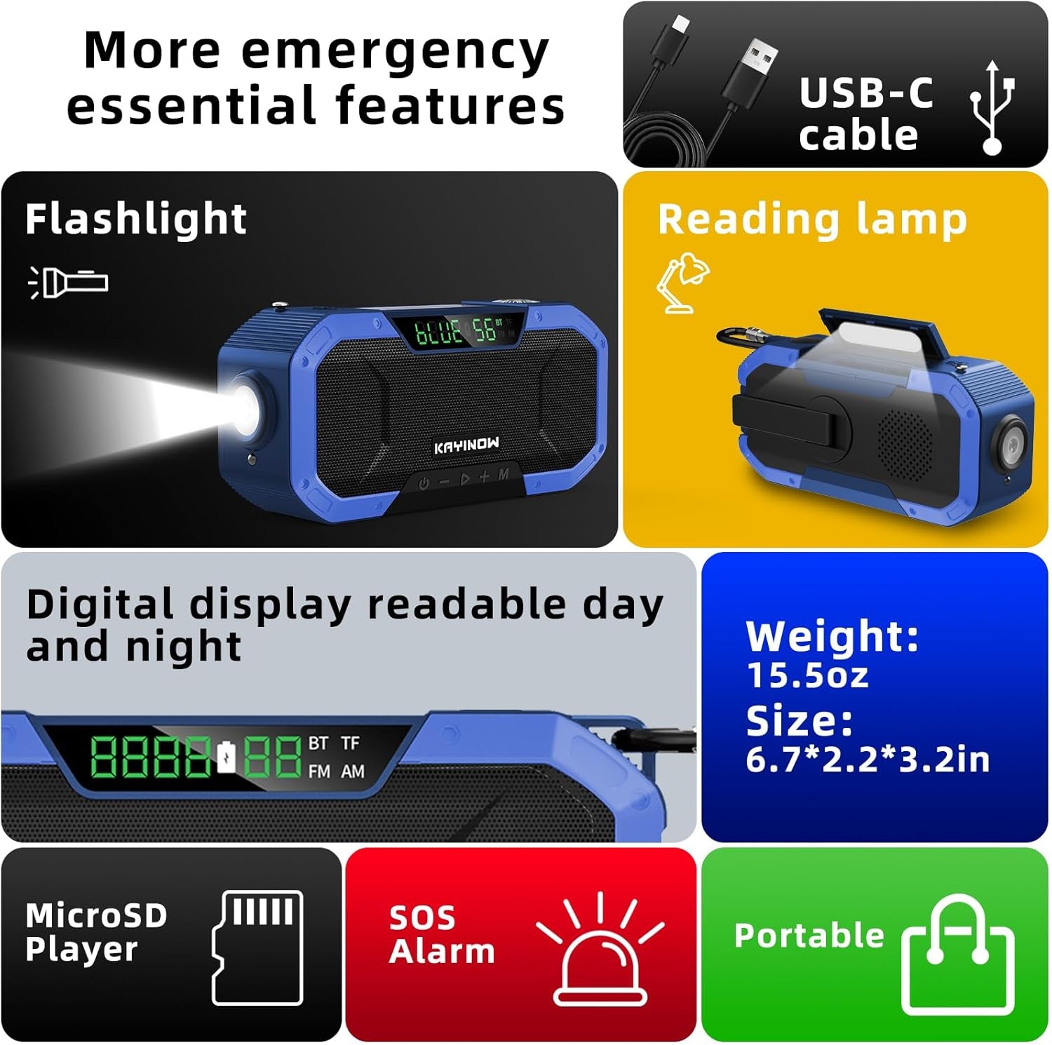 Emergency NOAA Weather Radio, Solar Hand Crank FM AM Radio with Bluetooth Speaker, 5000Mah/18500Mwh Battery Powered, Flashlight, IPX5 Waterproof, SOS Alarm for Survival Hurricane Camping
