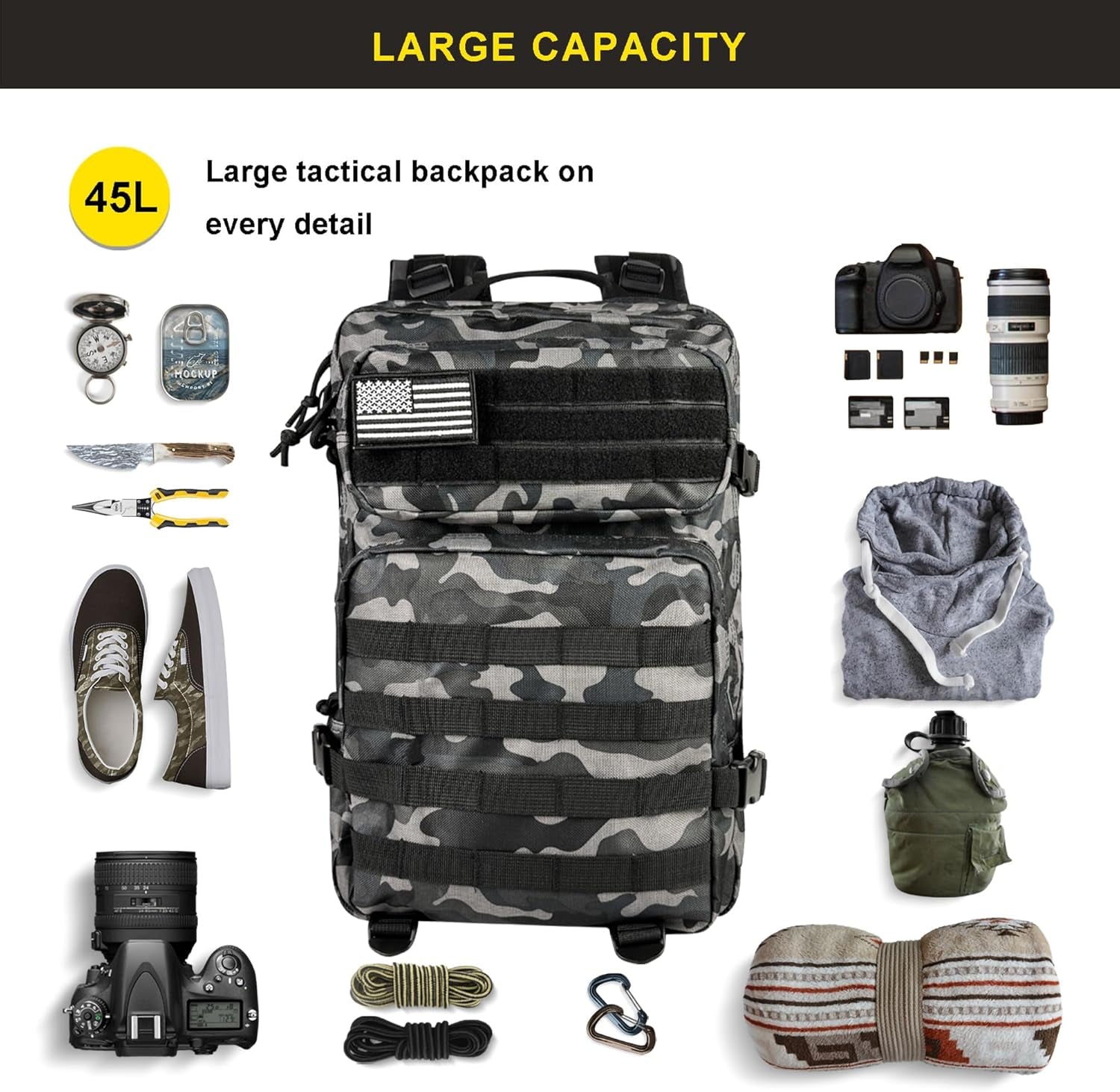 45L Military Tactical Backpack, Army 3-Day Assault Pack Bug Out Bag for Hiking Camping | Army, Bag, Large Rucksack, with Molle System