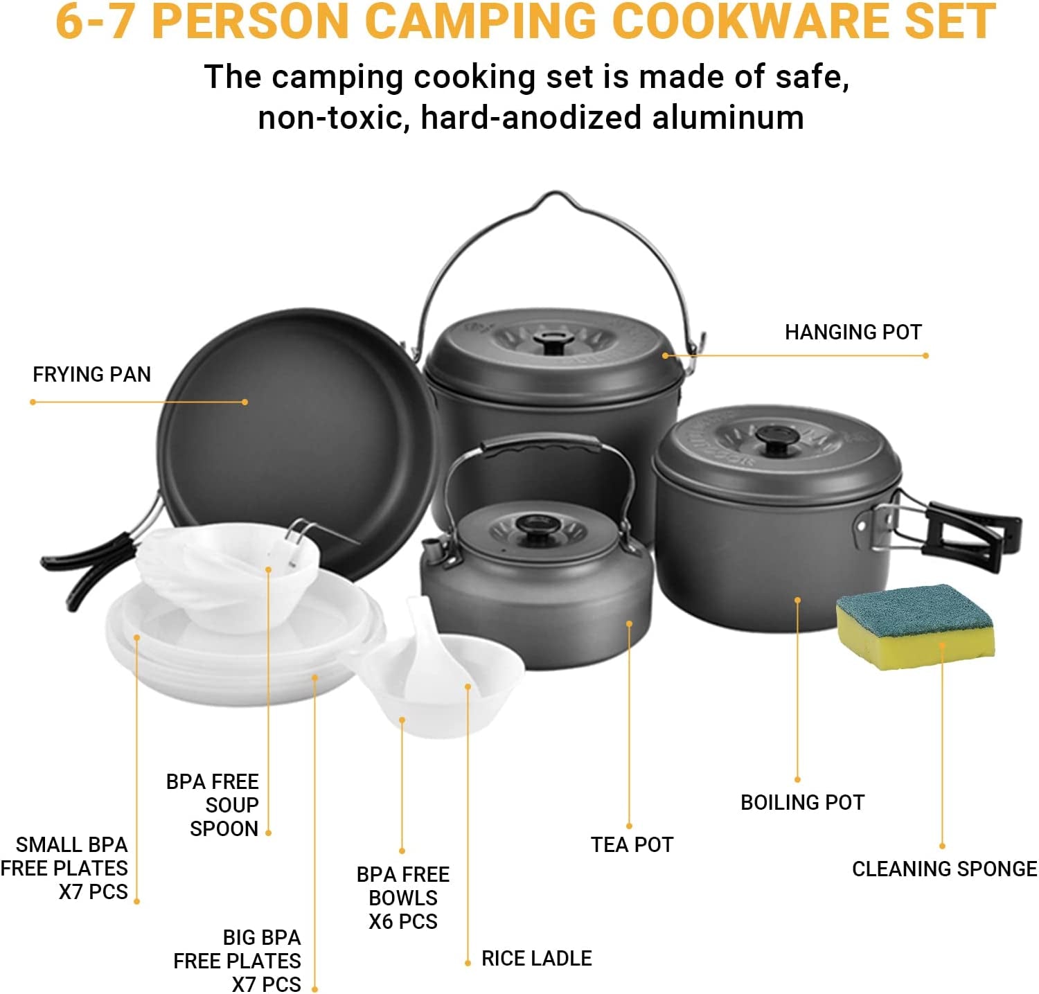 13Pcs Camping Cookware Mess Kit, Nonstick Backpacking Cooking Set, Outdoor Cook Gear for Family Hiking, Picnic Lightweight Cookware Sets(Kettle, Pots, Frying Pan, Bpa-Free Bowls, Plates, Spoon)