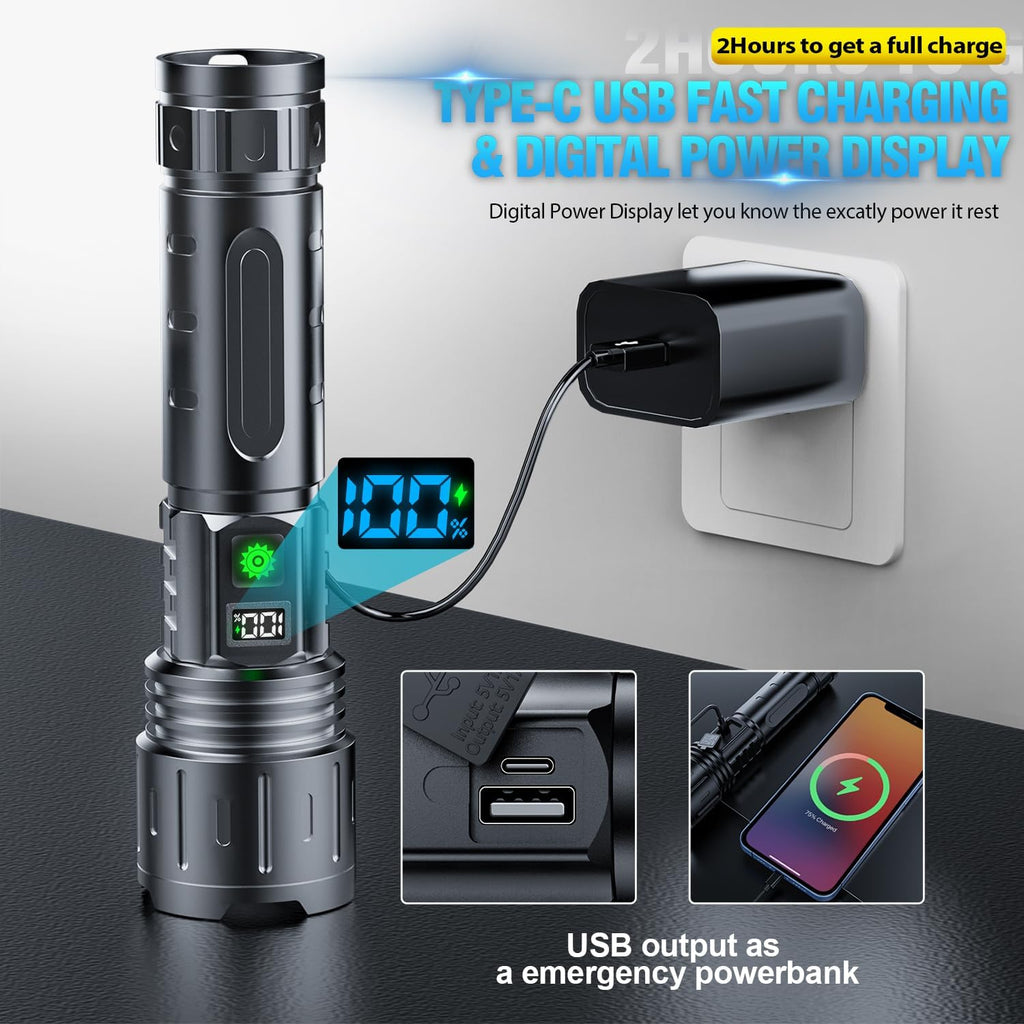 20000 Lumens Rechargeable Flashlight - Waterproof - 20H Runtime