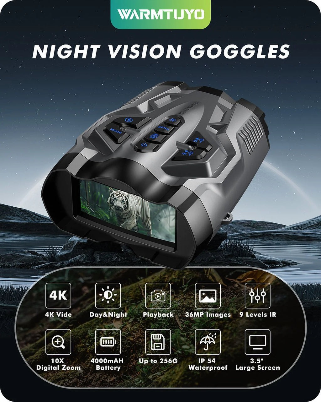 Night Vision Binoculars, 9 Level Infrared Night Vision Goggles with HD Video and Photo Modes, 10X Zoom, 32GB Card, 3.5" HD Screen Binoculars for Adults - Gray