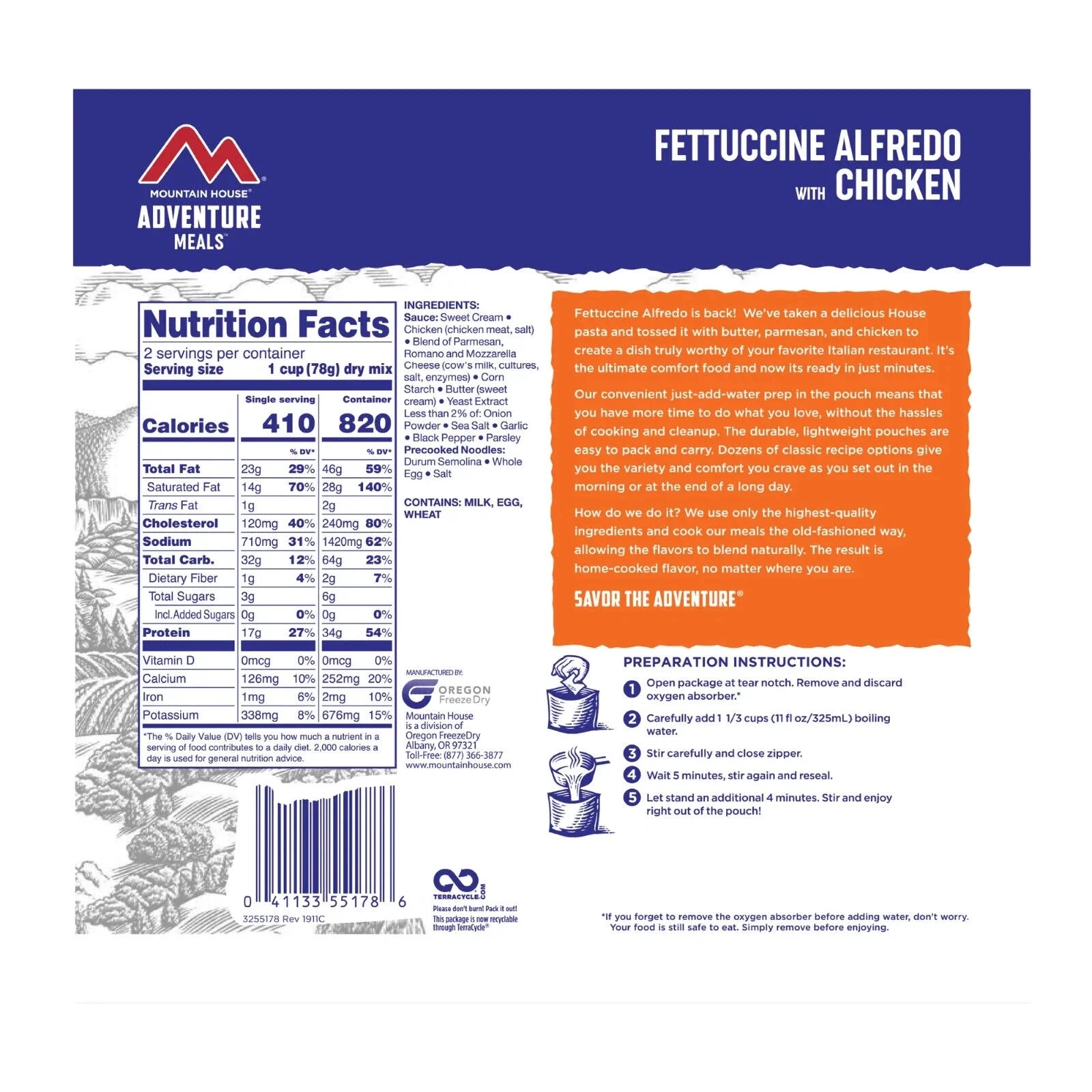 (6 Pouches)  Freeze Dried Emergency Survival Backpacking and Camping Food Fettuccine Alfredo with Chicken ✅