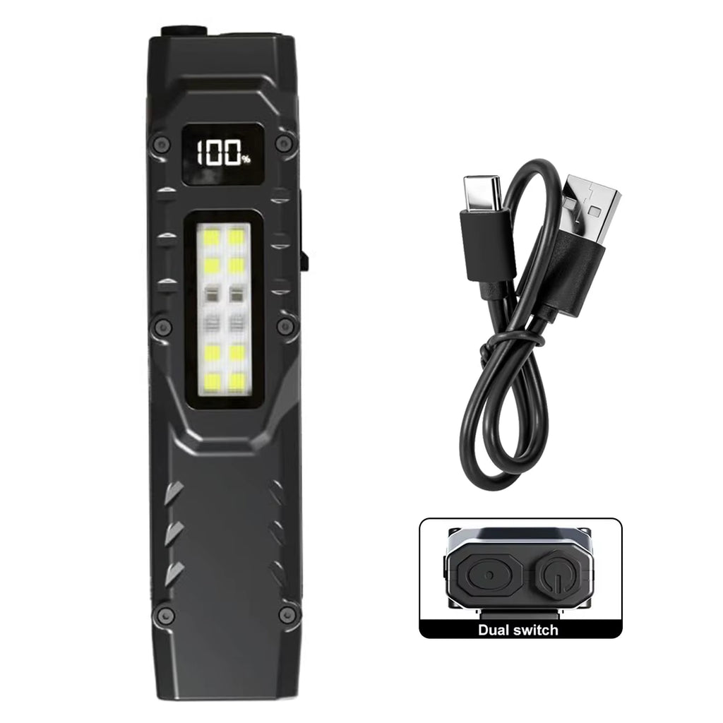 USB-C Rechargeable Tactical Flashlight 1500 Lumens Slim Flat Shape Torch with Spotlight Floodlight Strobe Modes Digital Display