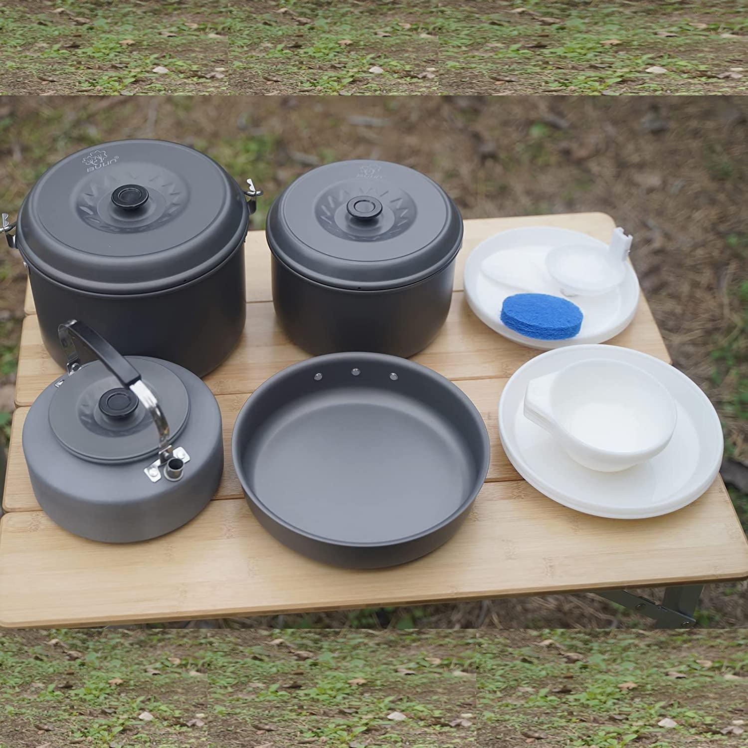 13Pcs Camping Cookware Mess Kit, Nonstick Backpacking Cooking Set, Outdoor Cook Gear for Family Hiking, Picnic Lightweight Cookware Sets(Kettle, Pots, Frying Pan, Bpa-Free Bowls, Plates, Spoon)