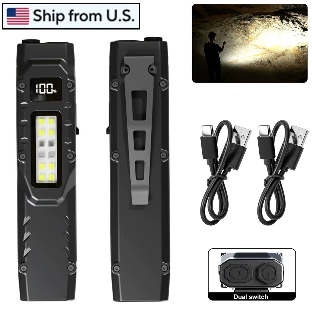 USB-C Rechargeable Tactical Flashlight 1500 Lumens Slim Flat Shape Torch with Spotlight Floodlight Strobe Modes Digital Display